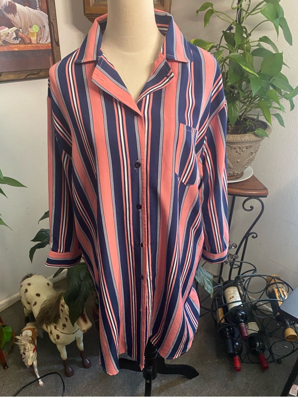 Striped Button-Front Pink and Navy Women’s Shirt Dress